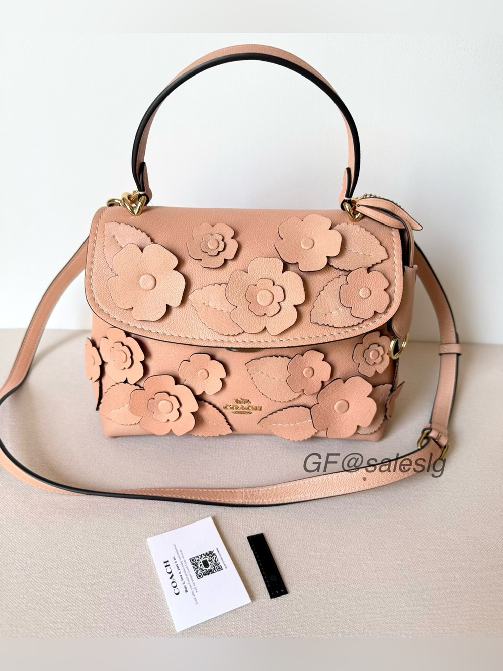 NWT Coach Emory Floral Appliqué Top Handle Bag Leather Crossbody Gold/Light Pink - Picture 12 of 12